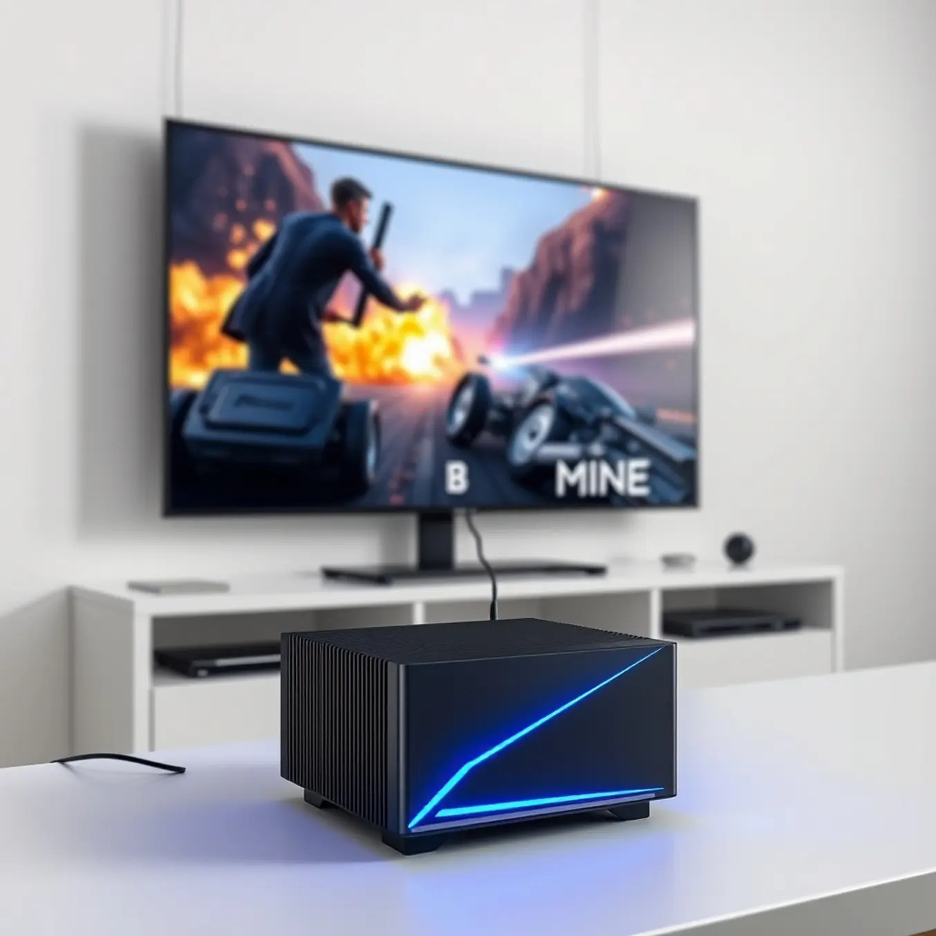 alt_text: A sleek mini PC on a minimalist desk, with a vibrant movie scene displayed on a large 4K wall-mounted television.