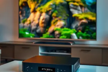 alt_text: A modern IPTV box on an entertainment center, displaying a vibrant 4K interface with a stunning nature documentary on the large TV behind it.