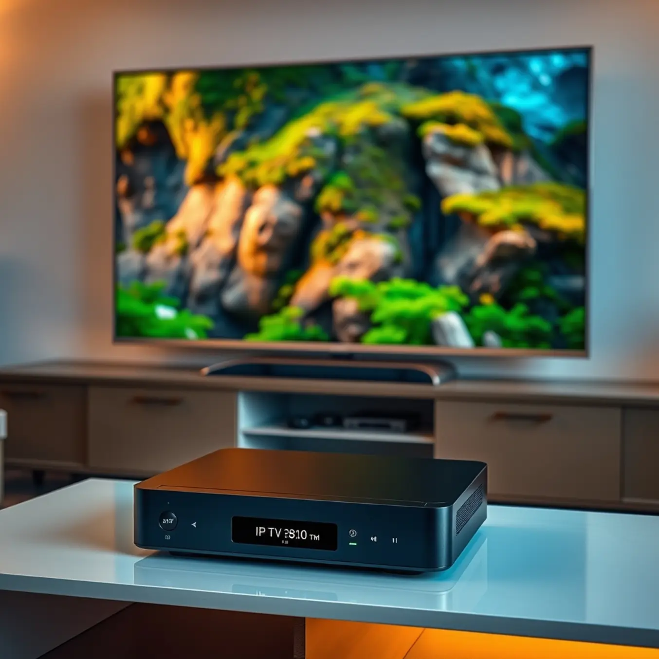 alt_text: A modern IPTV box on an entertainment center, displaying a vibrant 4K interface with a stunning nature documentary on the large TV behind it.