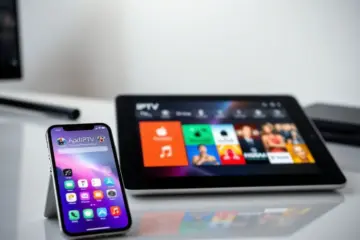 alt_text: A sleek iPhone and iPad on a minimalist desk, displaying vibrant IPTV app interfaces with soft, professional lighting.