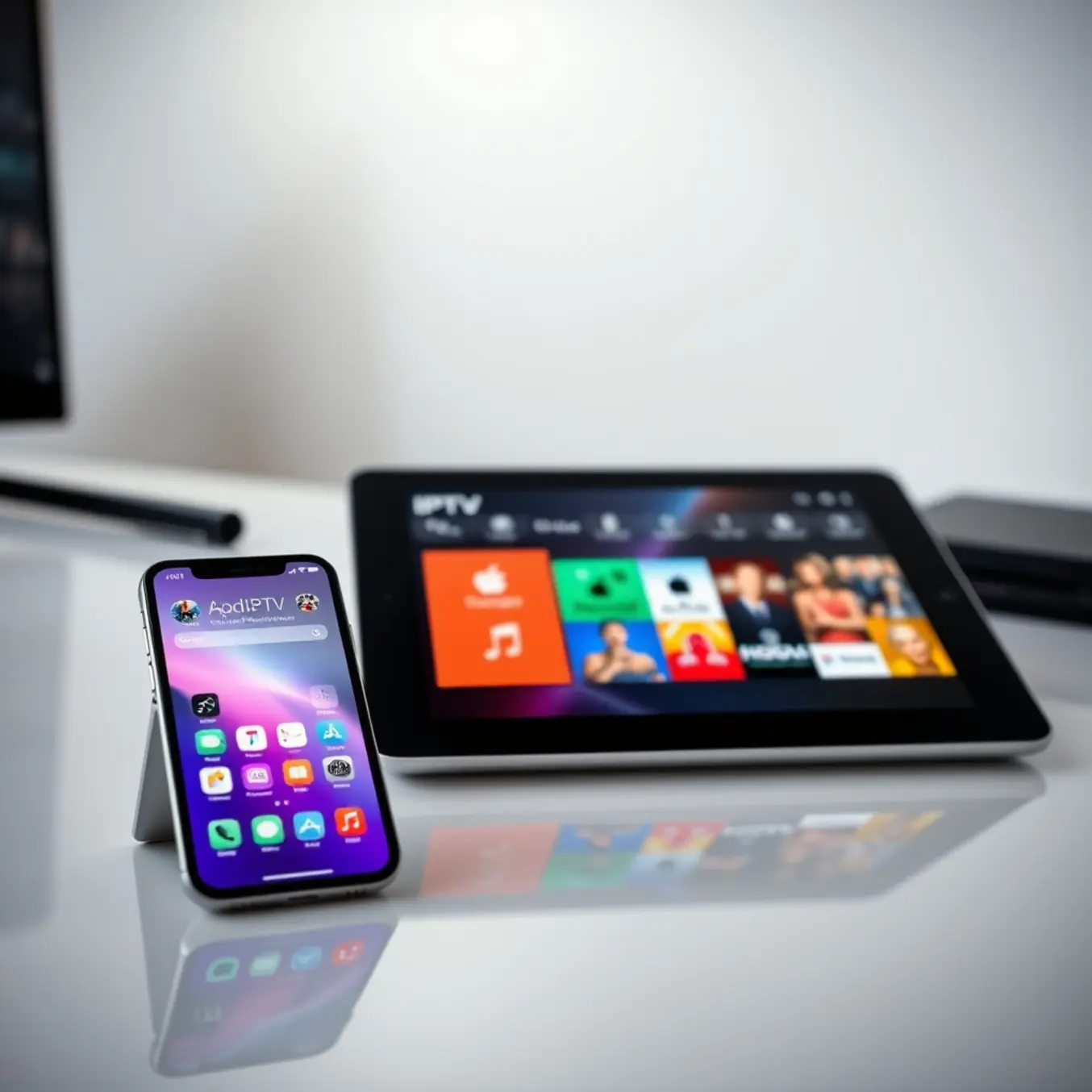 alt_text: A sleek iPhone and iPad on a minimalist desk, displaying vibrant IPTV app interfaces with soft, professional lighting.