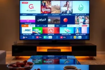 alt_text: A modern Middle Eastern living room at dusk, with a TV showing Al Jazeera and MBC, Arabic coffee, and warm, inviting lighting.