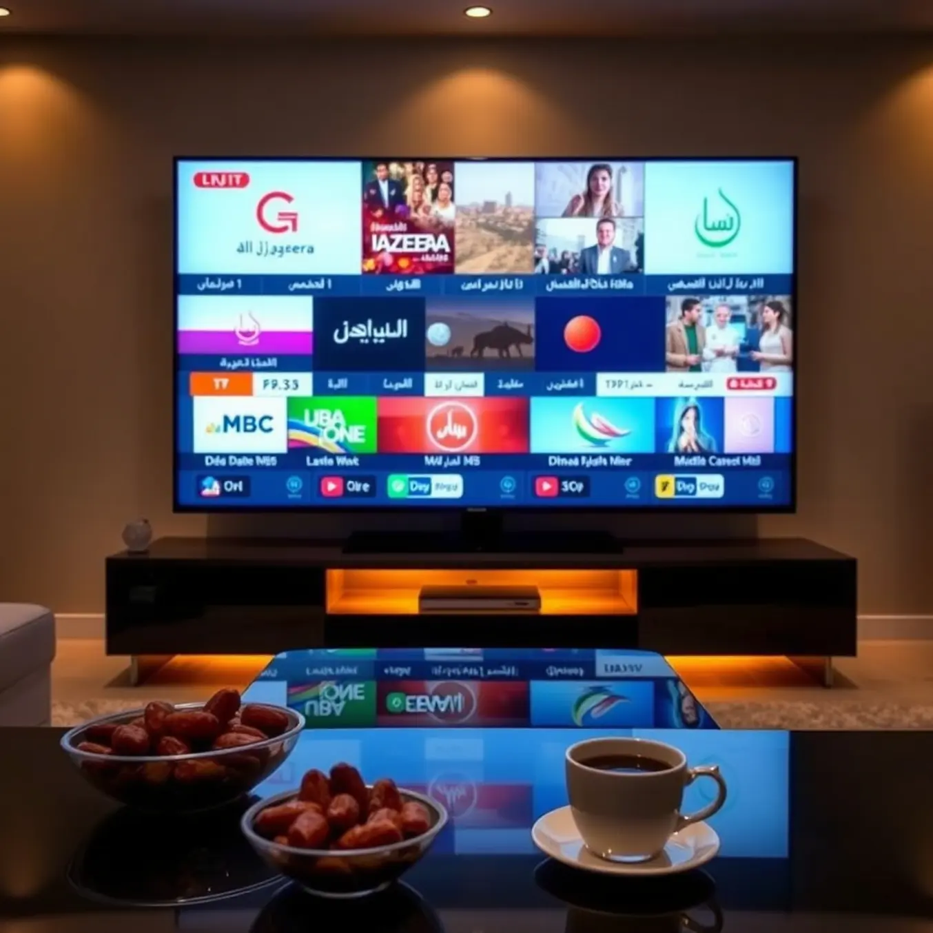 alt_text: A modern Middle Eastern living room at dusk, with a TV showing Al Jazeera and MBC, Arabic coffee, and warm, inviting lighting.