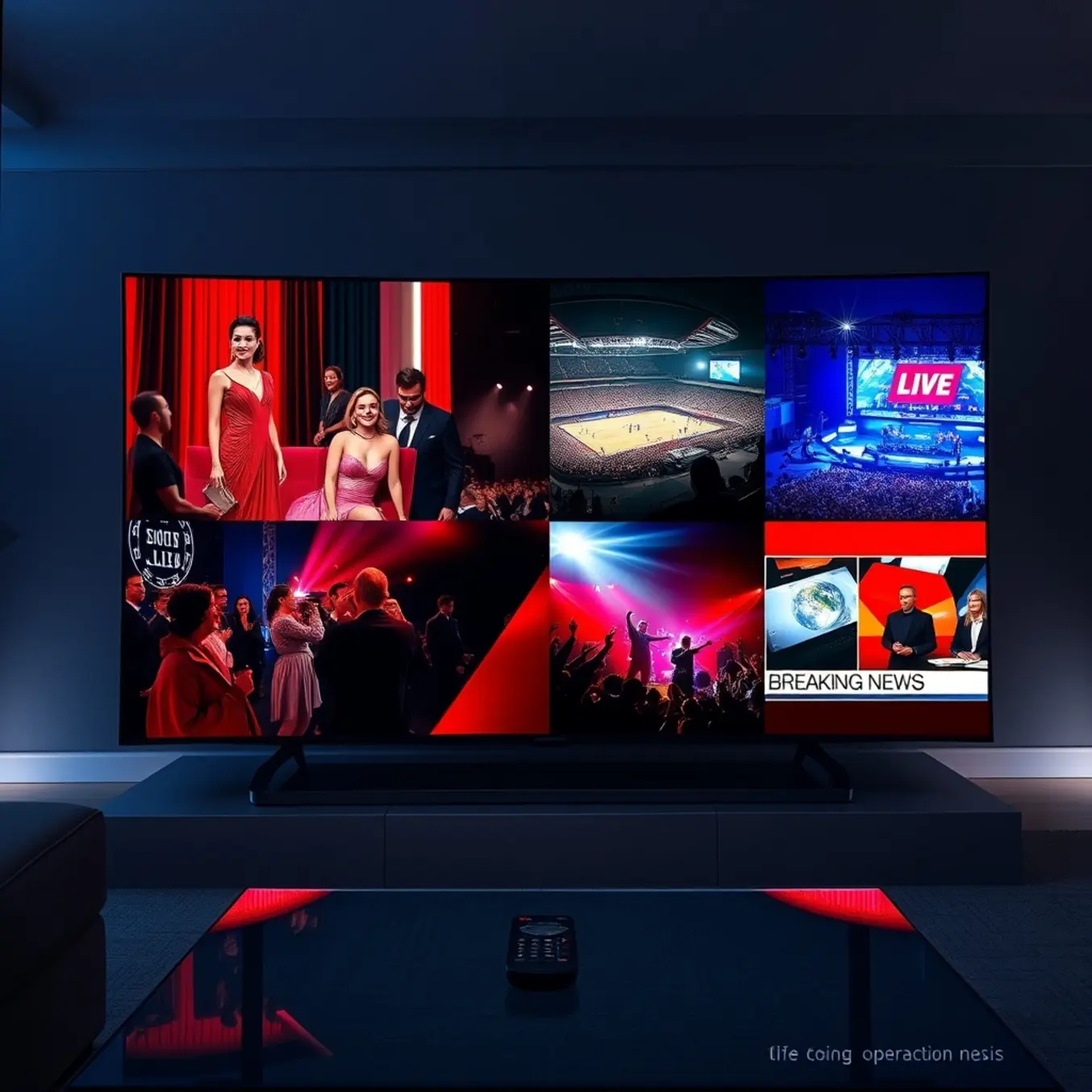 alt_text: A sleek TV displays four live events: a red carpet, a sports game, a concert, and breaking news in a modern living room.