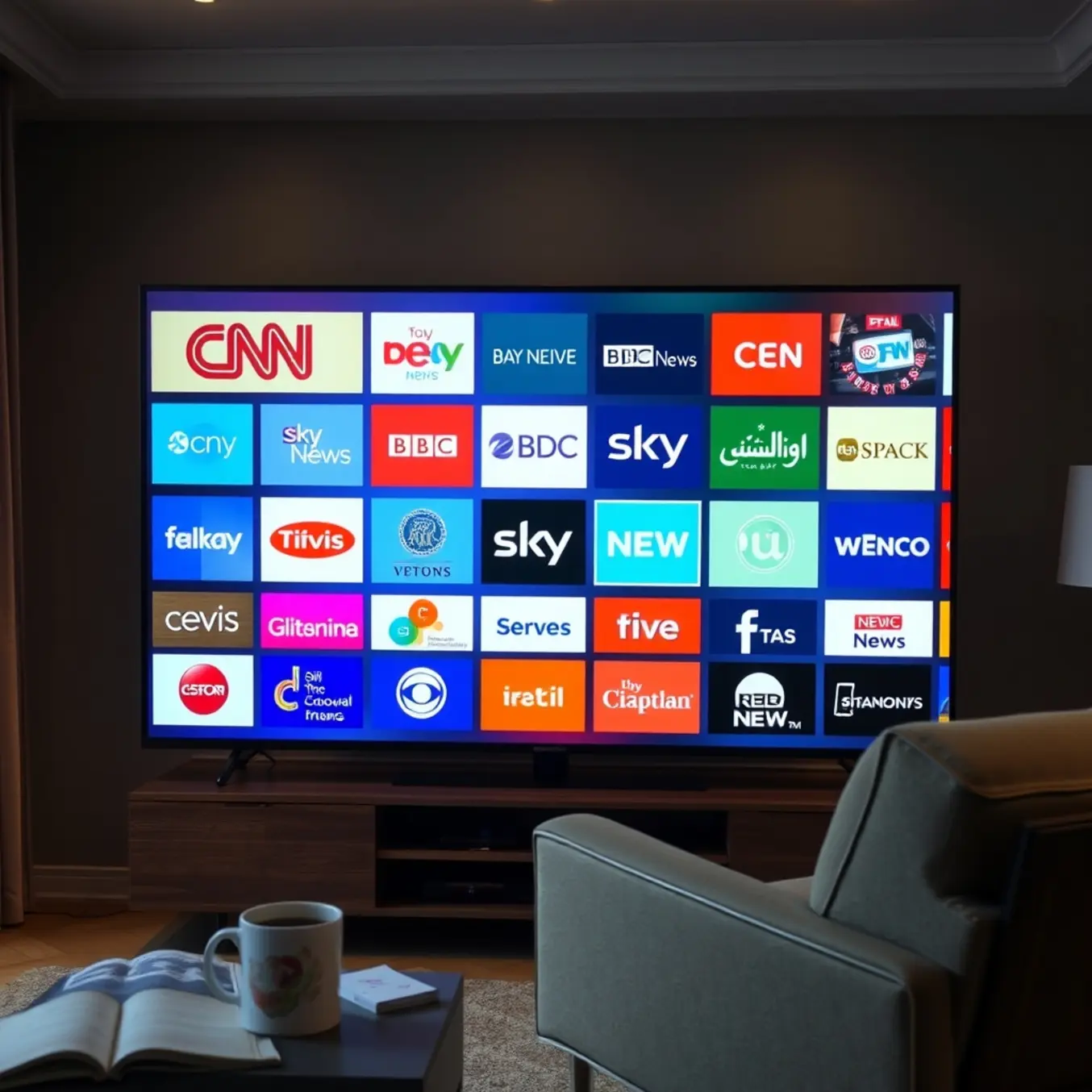 alt_text: A stylish living room with a TV displaying a grid of global news channel logos, conveying an informed, connected worldview.