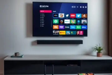 alt_text: A modern living room with a TV displaying an IPTV guide, streaming devices, and smart devices showing the app in ambient light.