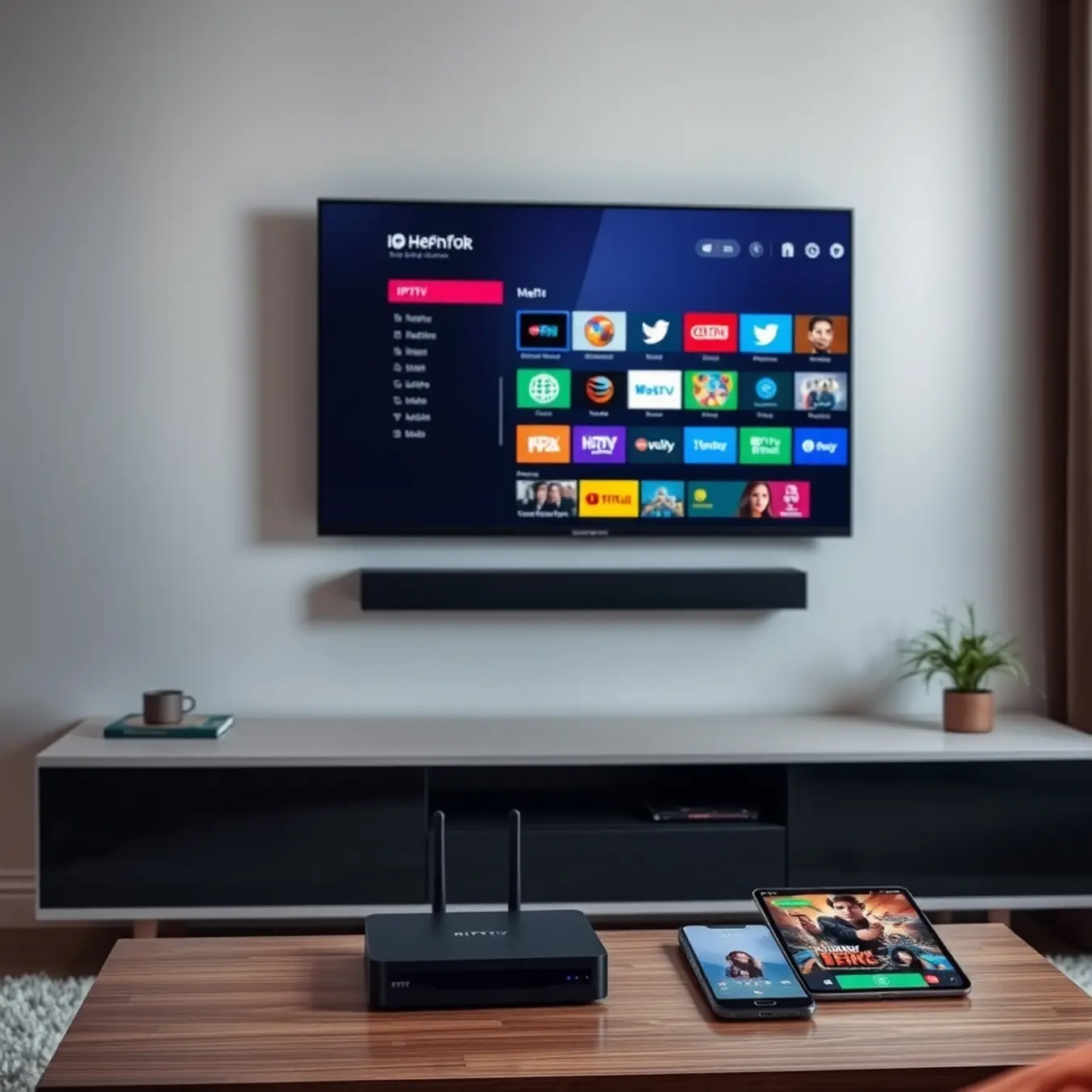 alt_text: A modern living room with a TV displaying an IPTV guide, streaming devices, and smart devices showing the app in ambient light.