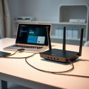 alt_text: A modern black Wi-Fi 6 router and a laptop showing an IPTV setup on a clean desk, conveying reliable home network technology.