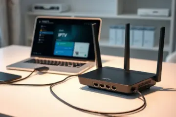 alt_text: A modern black Wi-Fi 6 router and a laptop showing an IPTV setup on a clean desk, conveying reliable home network technology.