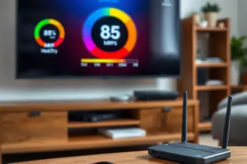 alt_text: A modern living room with a smartphone, router, and a TV showing an IPTV speed test result of 85 Mbps.