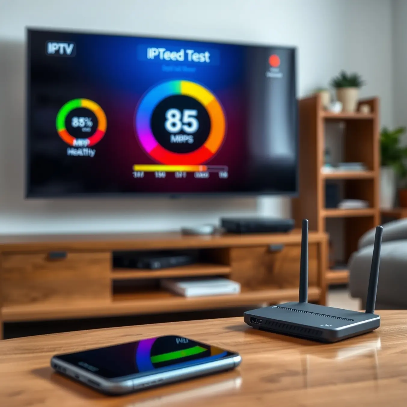 alt_text: A modern living room with a smartphone, router, and a TV showing an IPTV speed test result of 85 Mbps.