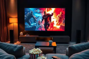 alt_text: A cozy, modern living room at night, illuminated by a large TV displaying a vibrant movie poster, set for movie night.