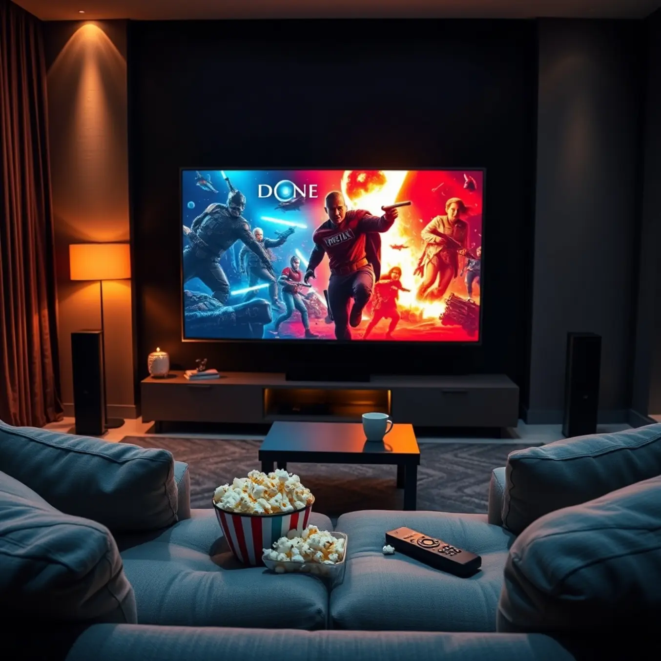 alt_text: A cozy, modern living room at night, illuminated by a large TV displaying a vibrant movie poster, set for movie night.