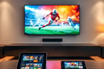 alt_text: A modern living room with a large wall-mounted TV. A tablet and phone on the coffee table show live TV channels.