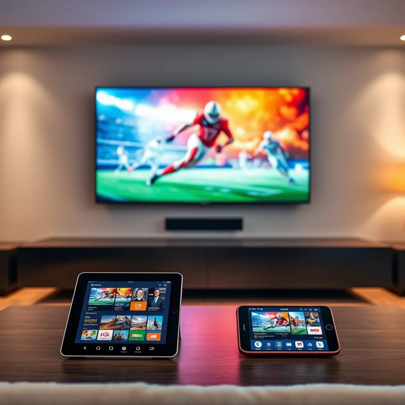 alt_text: A modern living room with a large wall-mounted TV. A tablet and phone on the coffee table show live TV channels.
