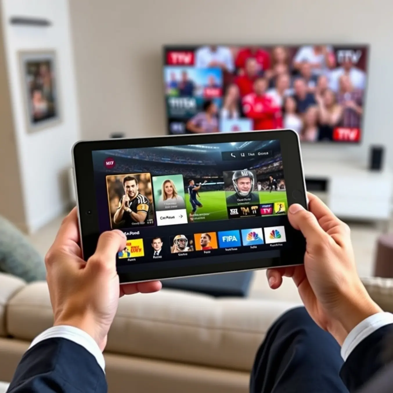 alt_text: A person holds a tablet displaying a vibrant IPTV app with live sports, set in a modern, softly lit living room.