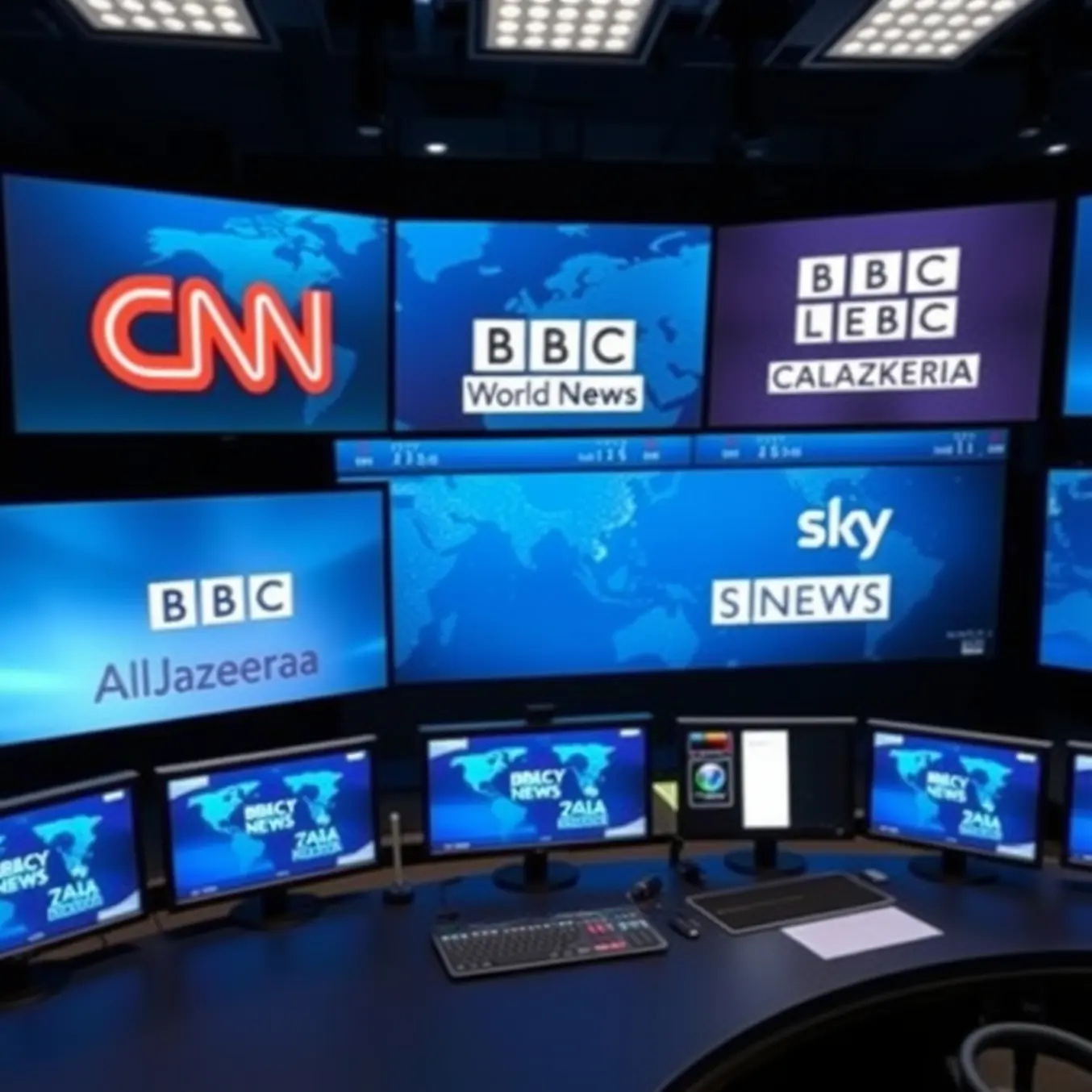 alt_text: A high-tech media control room with large screens displaying major international news channel logos and a dynamic world map.