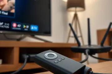 alt_text: A modern living room with a Firestick connected to a TV via Ethernet, displaying a clear IPTV menu for seamless streaming.