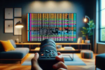 alt_text: A close-up of a computer screen showing IPTV playlist code, with a modern living room and smart TV in the background.