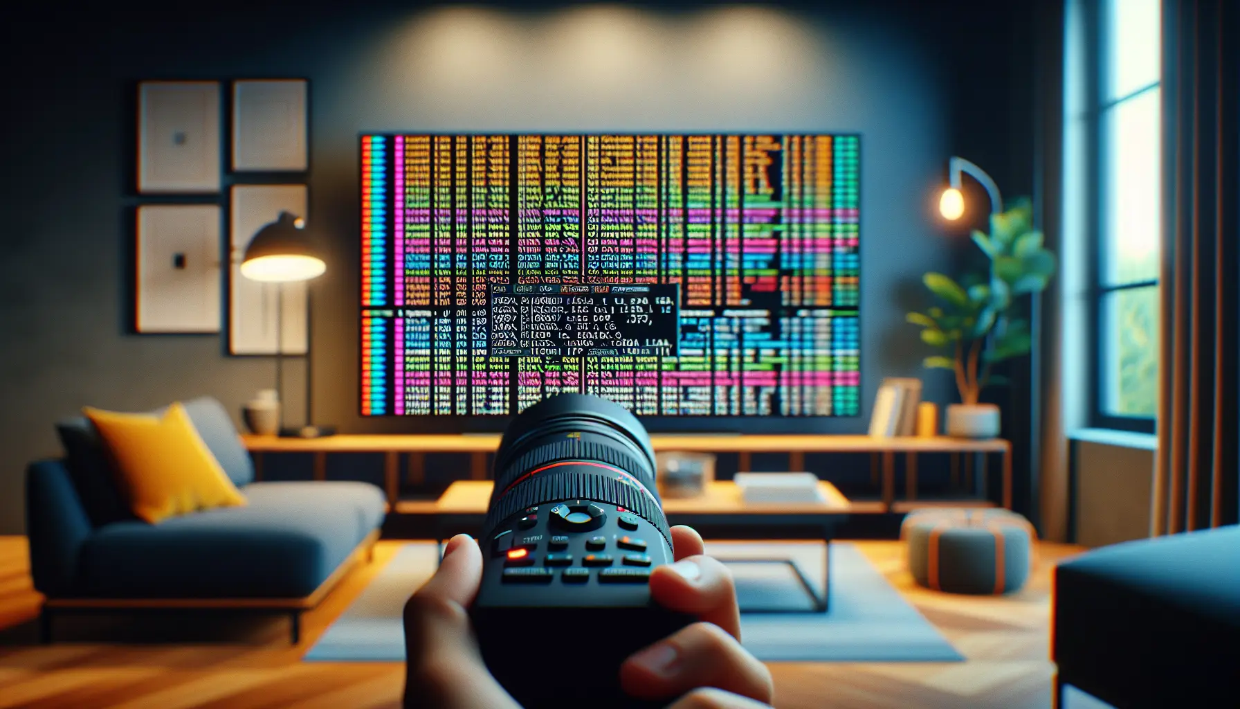 alt_text: A close-up of a computer screen showing IPTV playlist code, with a modern living room and smart TV in the background.