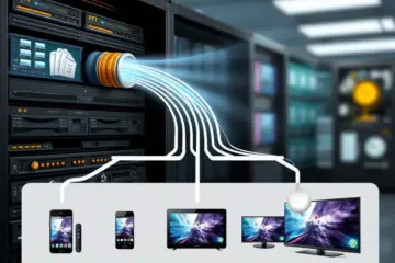 alt_text: A photorealistic infographic shows raw video files entering a server rack and being transcoded into smaller H.264 and HEVC streams for different devices.
