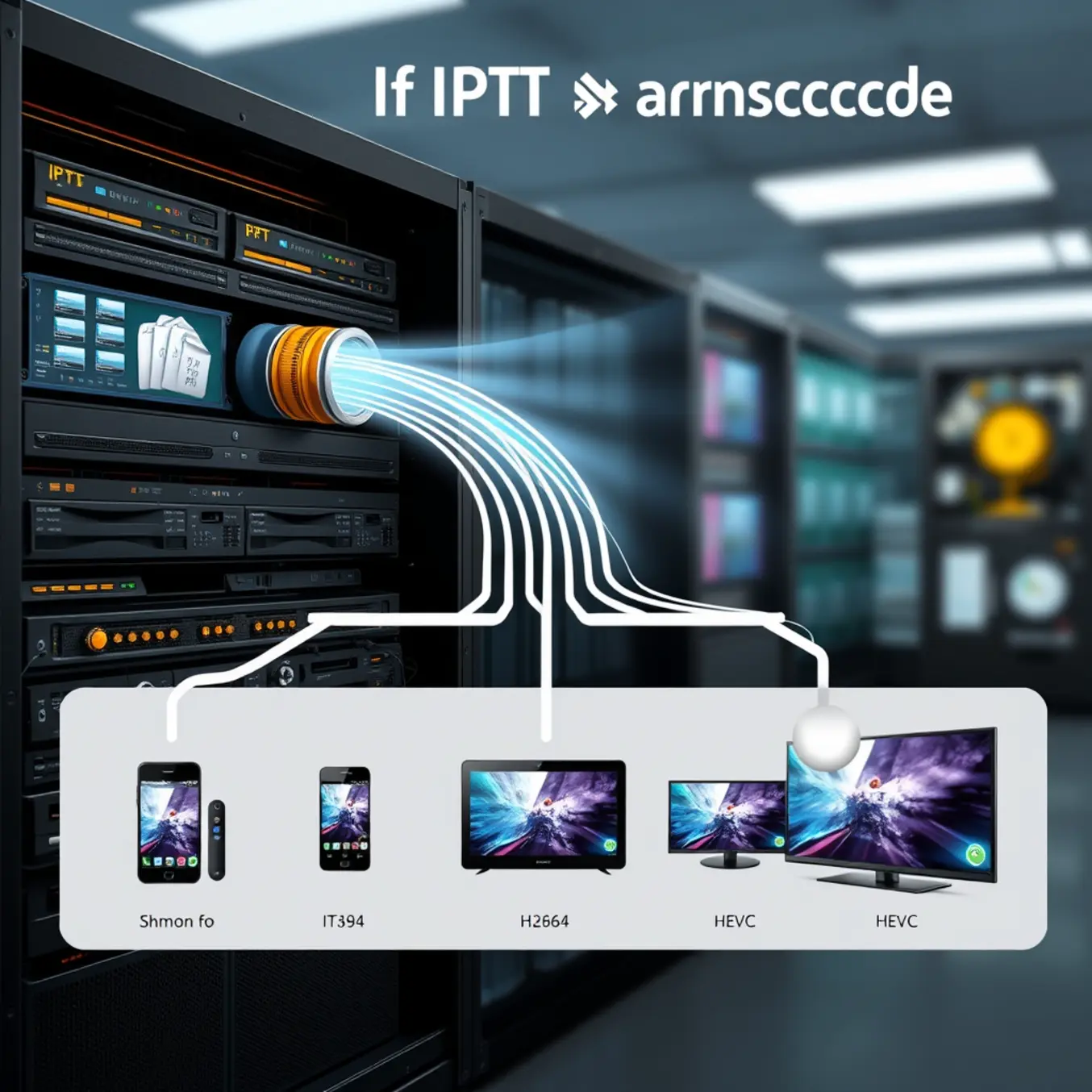 alt_text: A photorealistic infographic shows raw video files entering a server rack and being transcoded into smaller H.264 and HEVC streams for different devices.