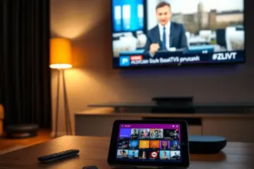 alt_text: A cozy, modern living room at dusk. A TV shows Polish news, while a tablet and phone stream entertainment channels.