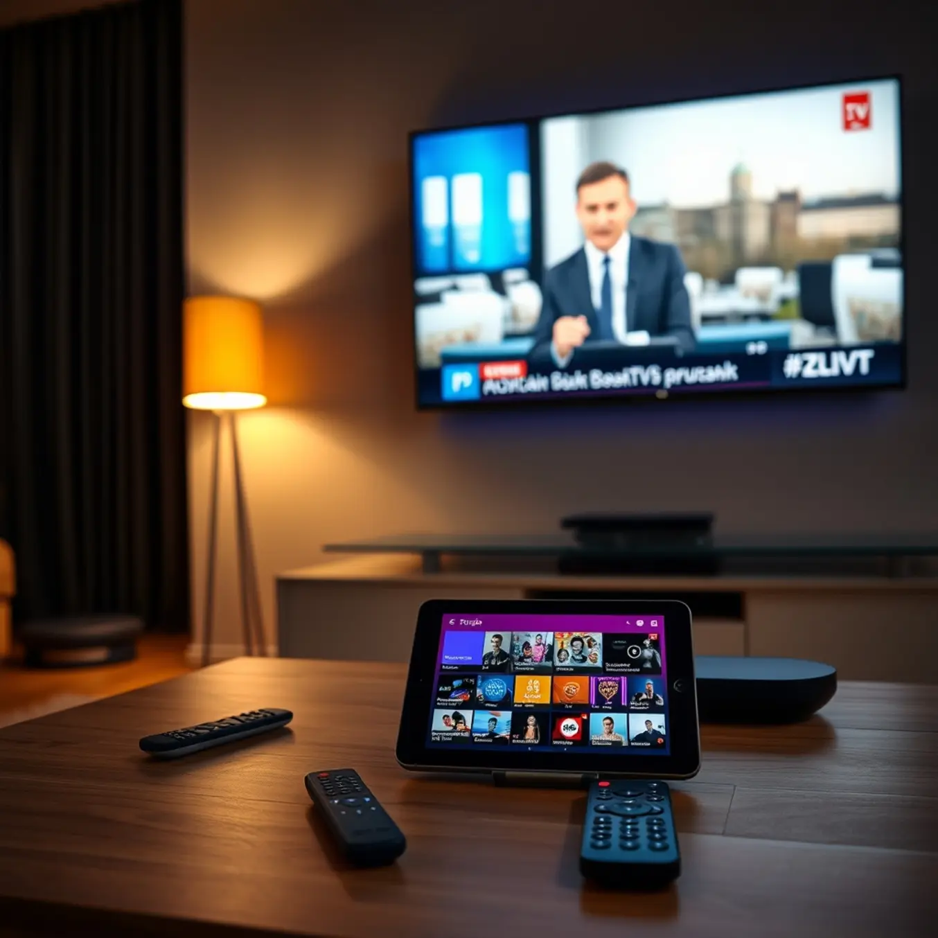 alt_text: A cozy, modern living room at dusk. A TV shows Polish news, while a tablet and phone stream entertainment channels.