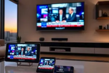 alt_text: A modern living room at dusk with a family watching a popular Greek news channel on a TV, tablet, and smartphone via an IPTV service.