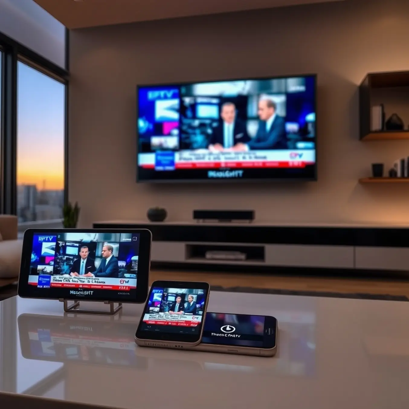 alt_text: A modern living room at dusk with a family watching a popular Greek news channel on a TV, tablet, and smartphone via an IPTV service.
