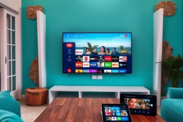 alt_text: A modern Caribbean living room at dusk. A flatscreen on a turquoise wall displays a mosaic of Caribbean channels, mirrored on nearby devices.