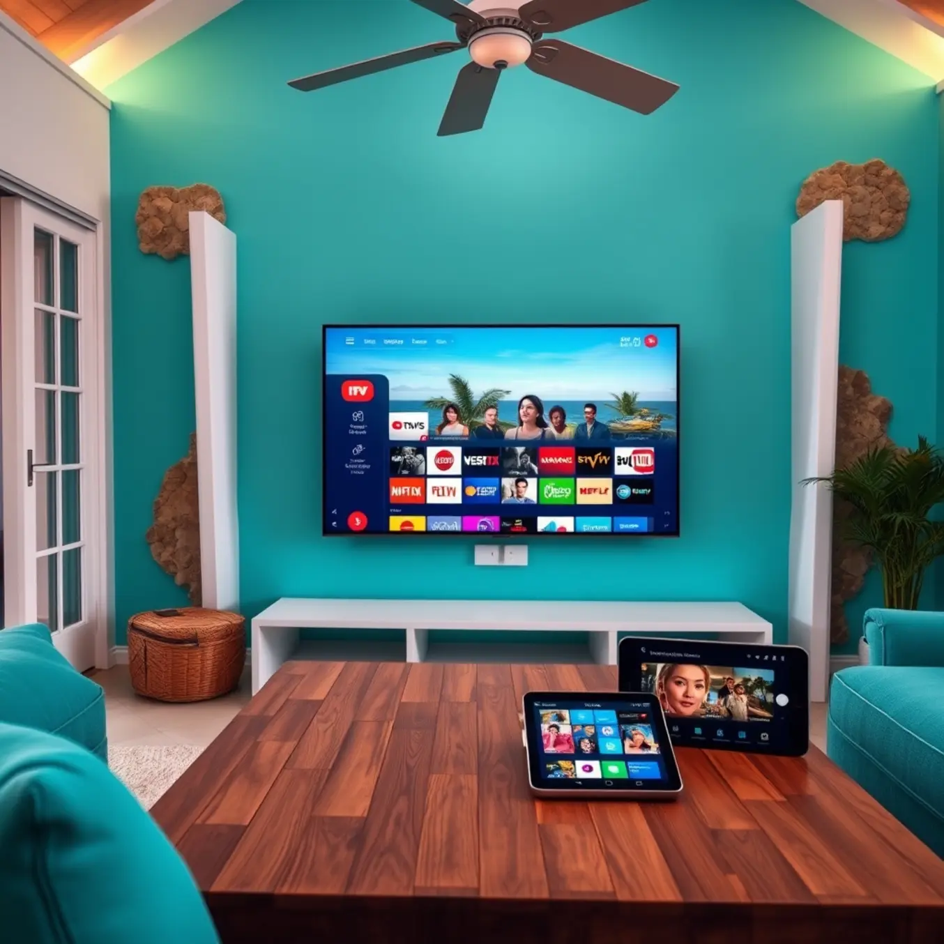 alt_text: A modern Caribbean living room at dusk. A flatscreen on a turquoise wall displays a mosaic of Caribbean channels, mirrored on nearby devices.