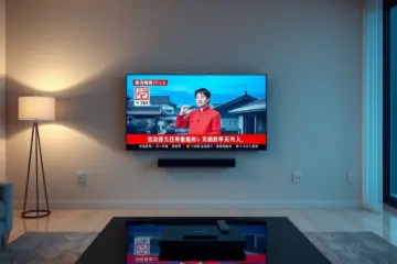alt_text: A minimalist living room at dusk, lit by a large UHD television displaying a vibrant Chinese broadcast.