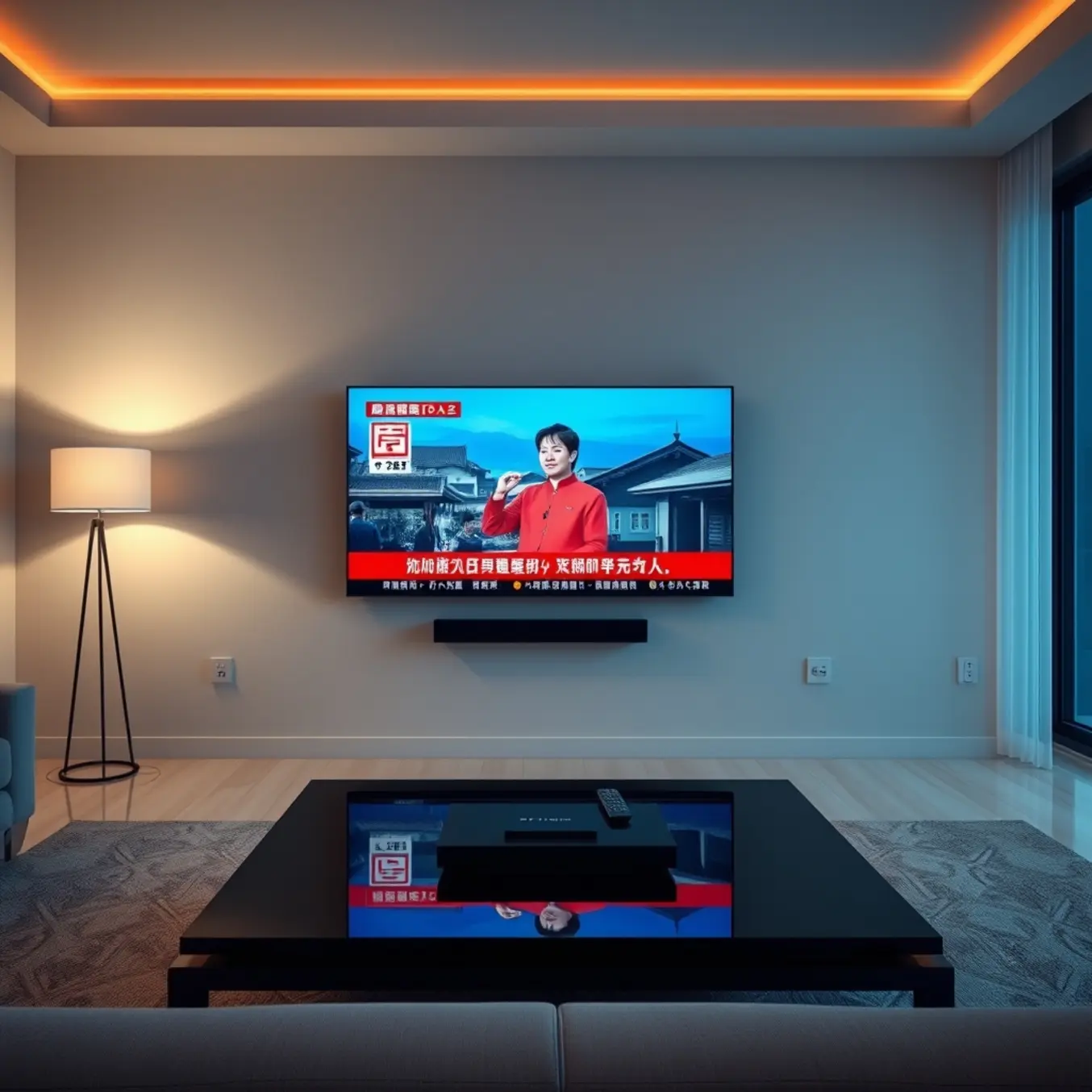alt_text: A minimalist living room at dusk, lit by a large UHD television displaying a vibrant Chinese broadcast.
