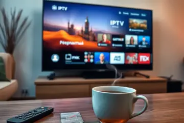 alt_text: A cozy Eastern European living room with a modern TV showing a vibrant Cyrillic IPTV interface, a steaming tea, and a remote.