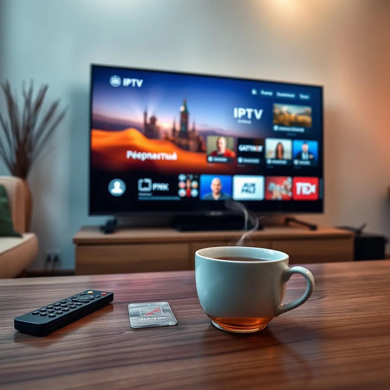 alt_text: A cozy Eastern European living room with a modern TV showing a vibrant Cyrillic IPTV interface, a steaming tea, and a remote.