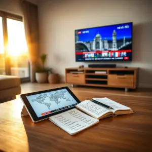 alt_text: A minimalist living room at golden hour, featuring a tablet with a language app, a notebook with vocabulary, and a European news broadcast on TV.