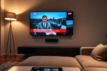 alt_text: A cozy, modern living room at dusk with a German news program on the TV and an IPTV app open on a smartphone.