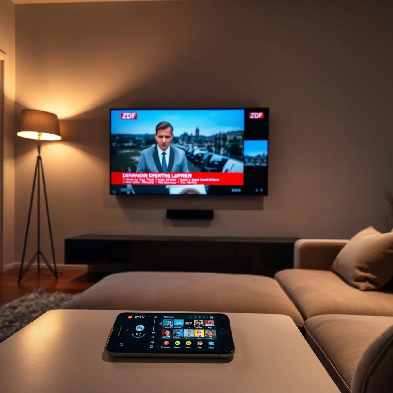 alt_text: A cozy, modern living room at dusk with a German news program on the TV and an IPTV app open on a smartphone.