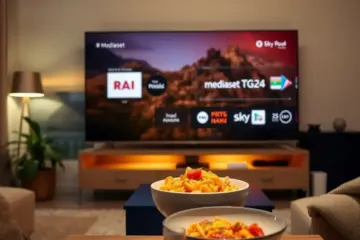 alt_text: A person watches Italian TV in a cozy modern living room at dusk, a bowl of pasta on the table beside them.
