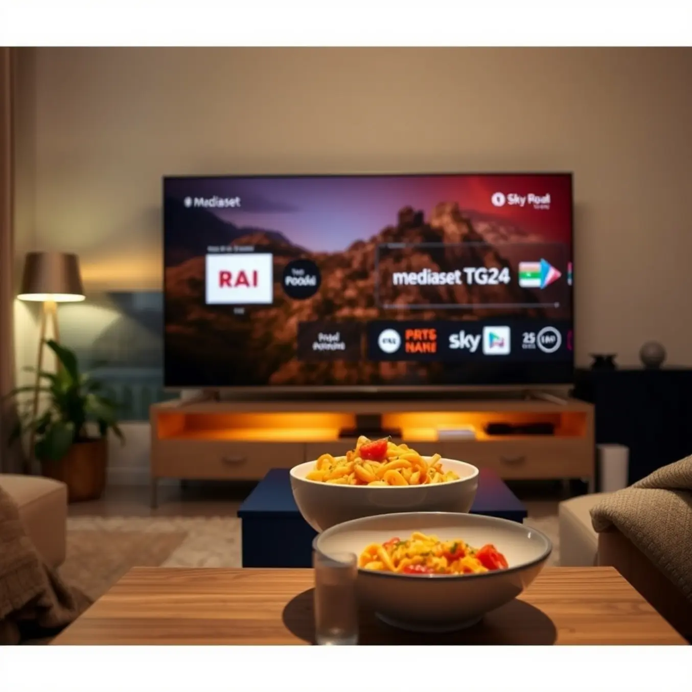 alt_text: A person watches Italian TV in a cozy modern living room at dusk, a bowl of pasta on the table beside them.