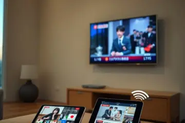 alt_text: A hyperrealistic Japanese living room at dusk. A TV shows a variety show, while a smartphone and tablet stream news and anime via IPTV.