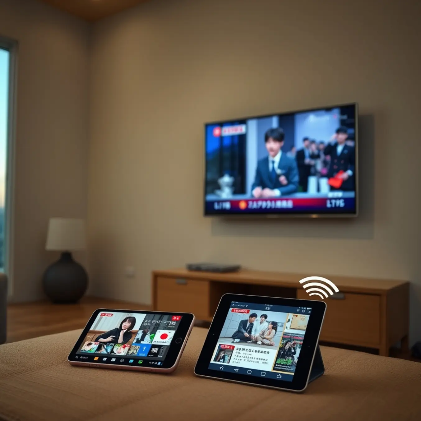 alt_text: A hyperrealistic Japanese living room at dusk. A TV shows a variety show, while a smartphone and tablet stream news and anime via IPTV.