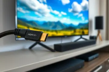 alt_text: Gold-plated HDMI cable plugged into a 4K TV displaying a vibrant nature documentary stream.