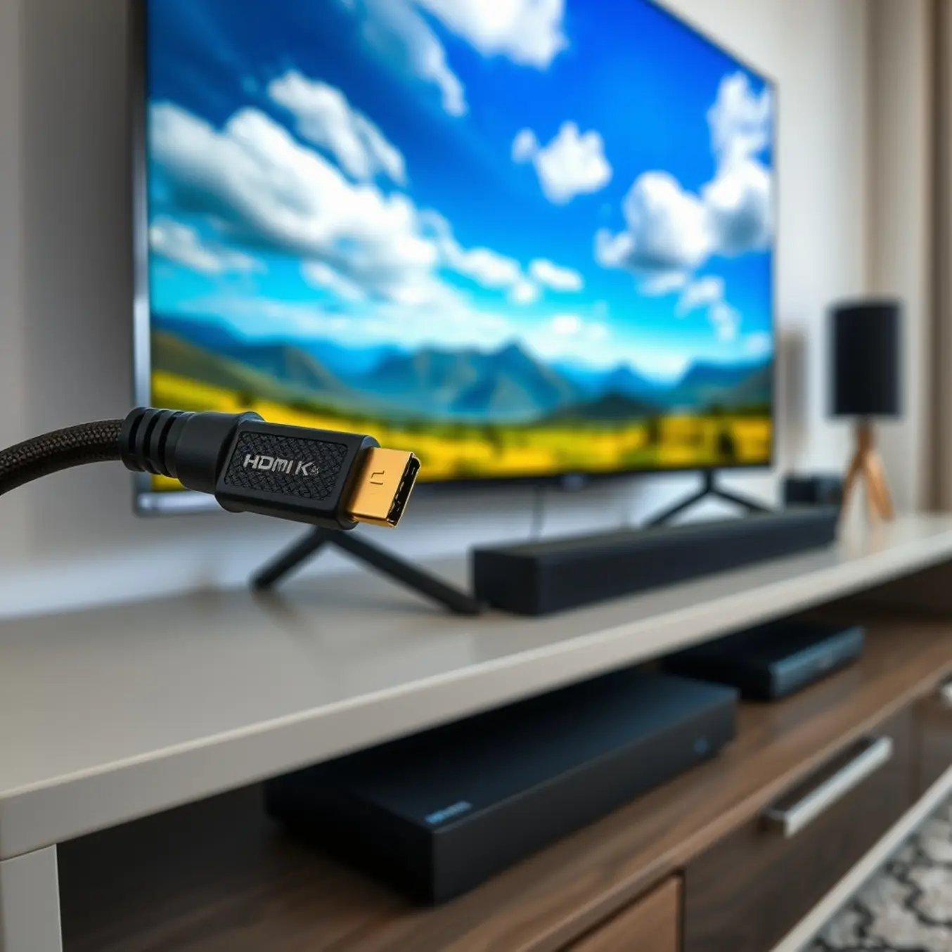alt_text: Gold-plated HDMI cable plugged into a 4K TV displaying a vibrant nature documentary stream.
