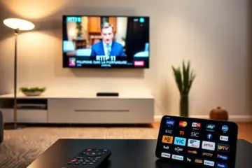 alt_text: A cozy Portuguese living room at night, with a smart TV showing RTP1 news, a phone displaying an IPTV guide, and warm lighting.