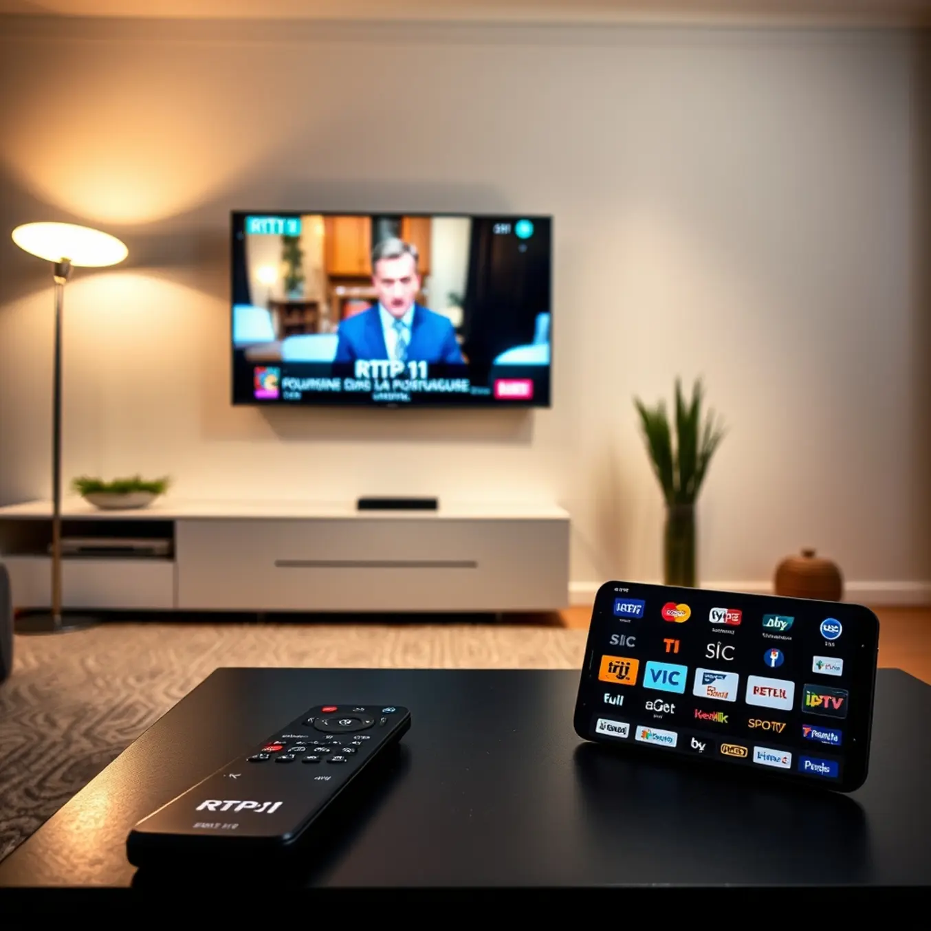 alt_text: A cozy Portuguese living room at night, with a smart TV showing RTP1 news, a phone displaying an IPTV guide, and warm lighting.