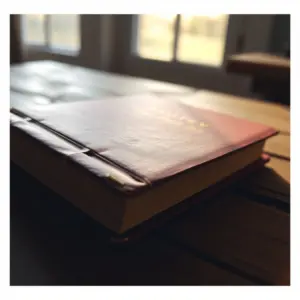 alt_text: A weathered burgundy book with a gold title rests on a rustic wooden table in soft morning light, evoking a quiet, timeless atmosphere.