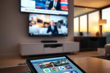 alt_text: A modern living room at dusk. A large TV shows a Russian news broadcast while a tablet displays an IPTV app with Russian channels.
