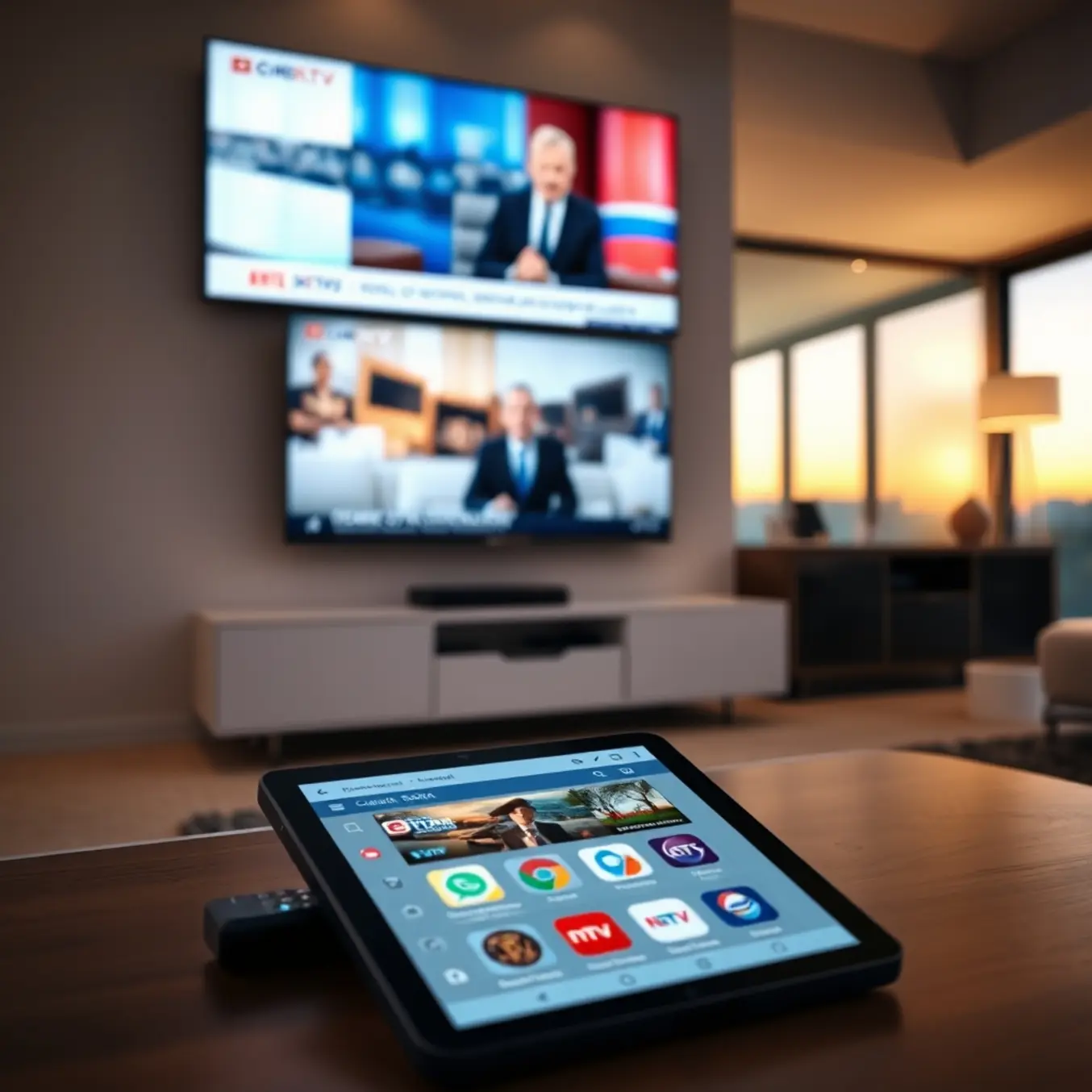 alt_text: A modern living room at dusk. A large TV shows a Russian news broadcast while a tablet displays an IPTV app with Russian channels.